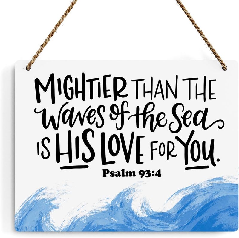 BELLOWDEER Inspirational Nautical Decor Mightier Than The Waves of The Sea Psalm 93:4 Scripture Wooden Hanging Sign Christian Gift for Baby Kids Girl Boy Nursery Teen Room Bible Verse Wall Art 10 x 8 Inches - Image 1